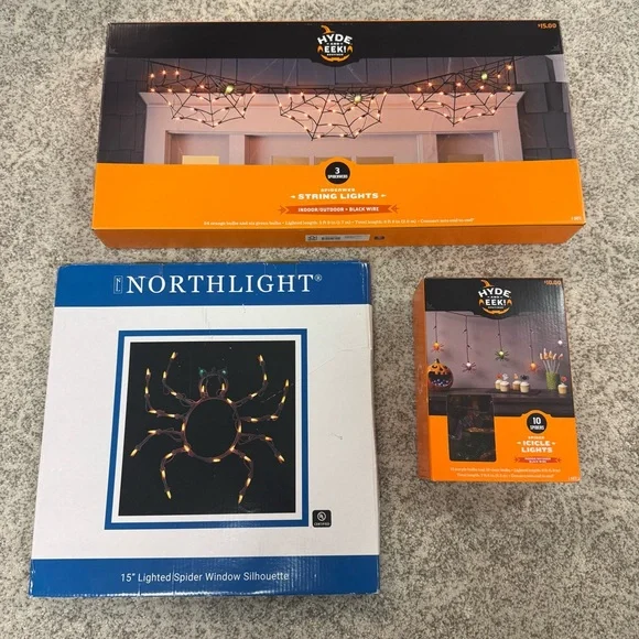 Halloween Light Up Spiderweb + Spider String Lights Bundle - Picture 1 of 7